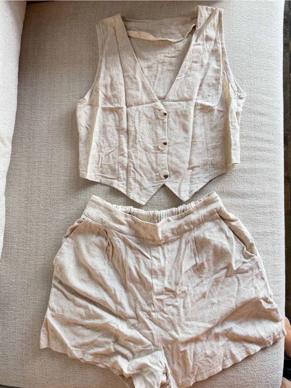 Neutral Beige Two-Piece Linen Blend Jumpsuit Set